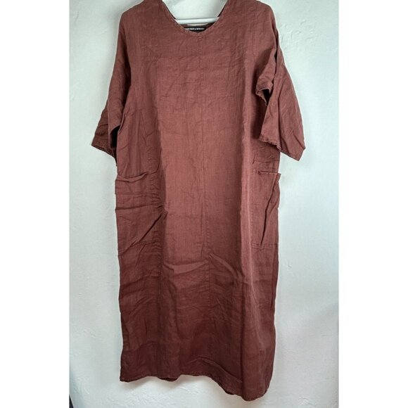Tancredi & Morgen Women's Shift Midi Dress 3/4 Sleeve Brown Pockets Side Slit L - Picture 1 of 6